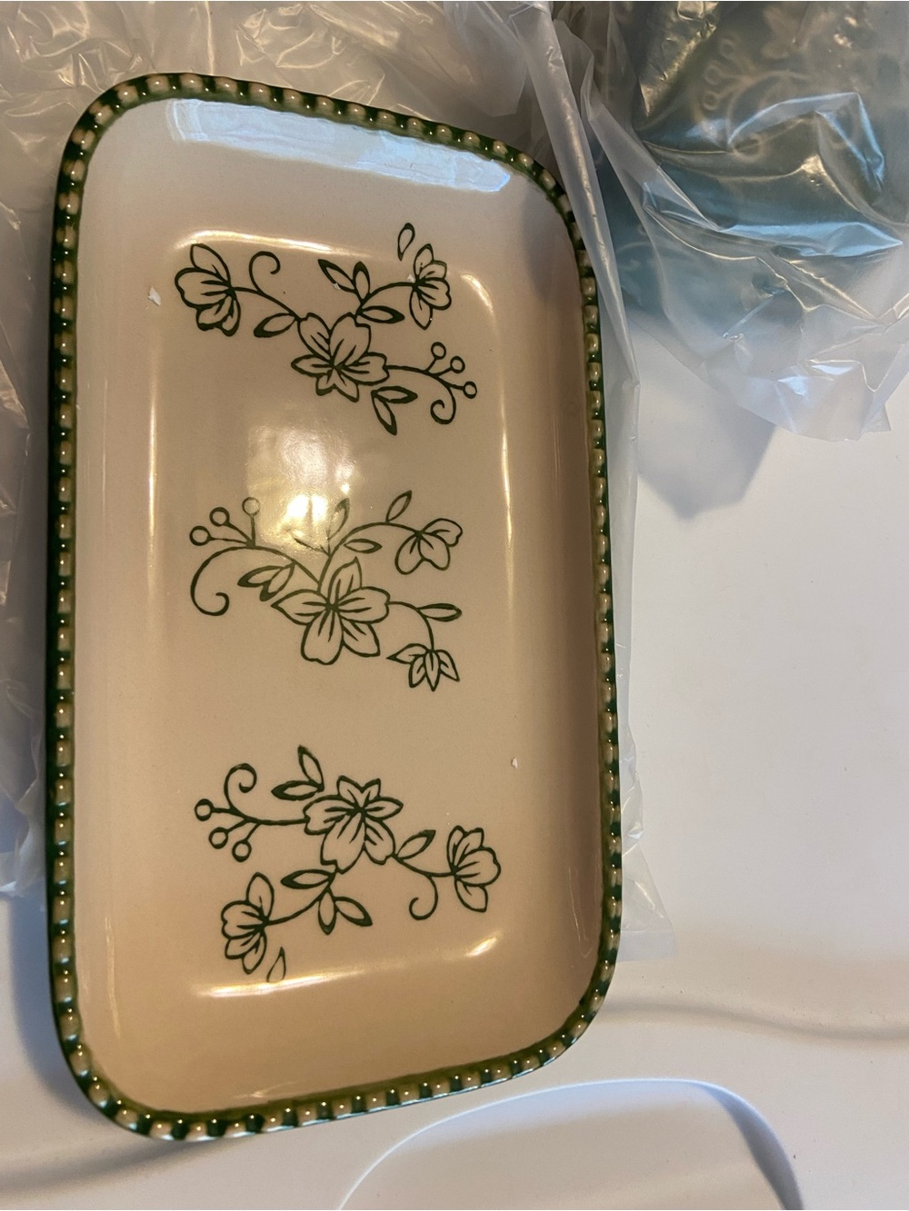 Temp-Tations Cream Ceramic Floral Tray with Green Trim butter dish